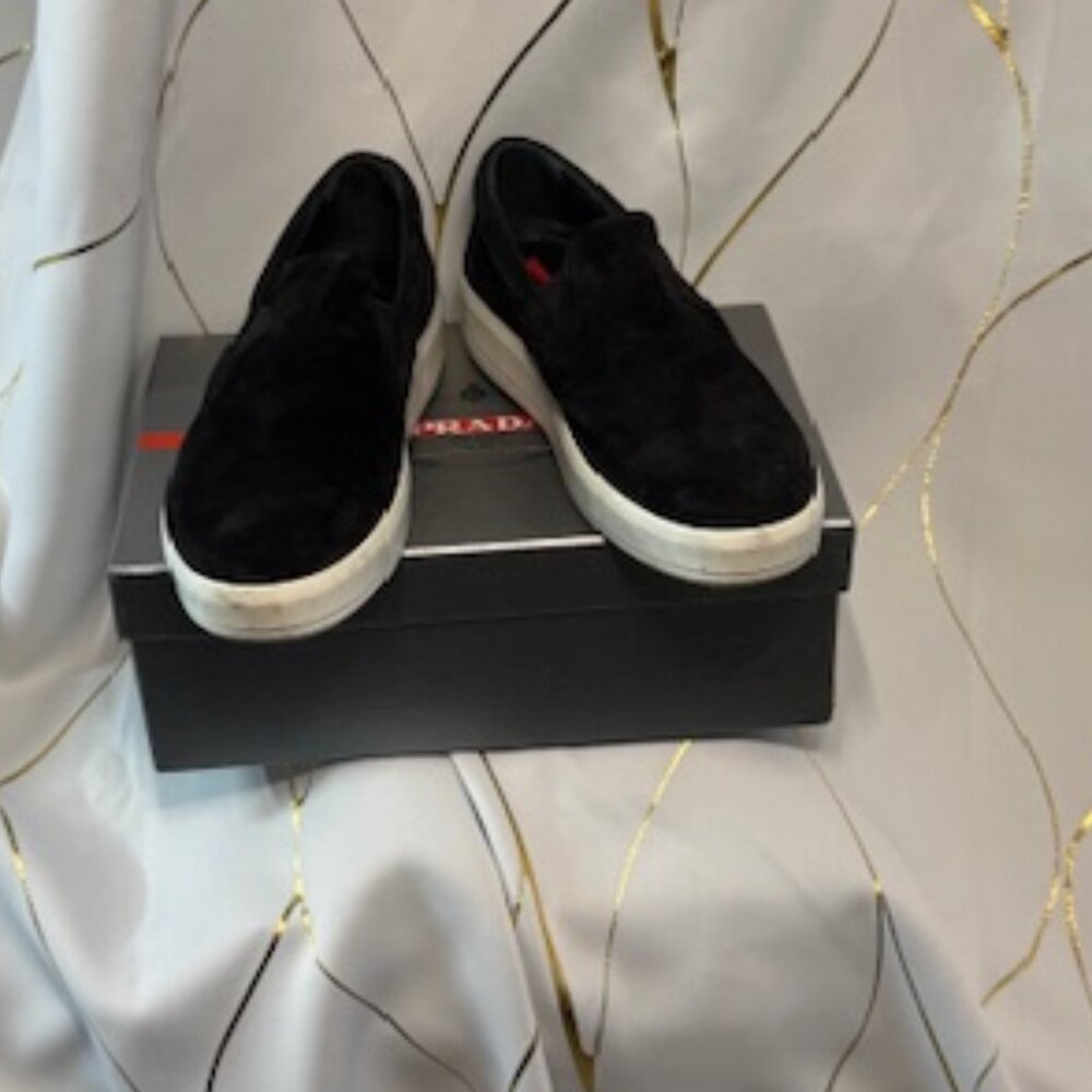 Prada Suede Slip-On Loafers — Black | Size 40